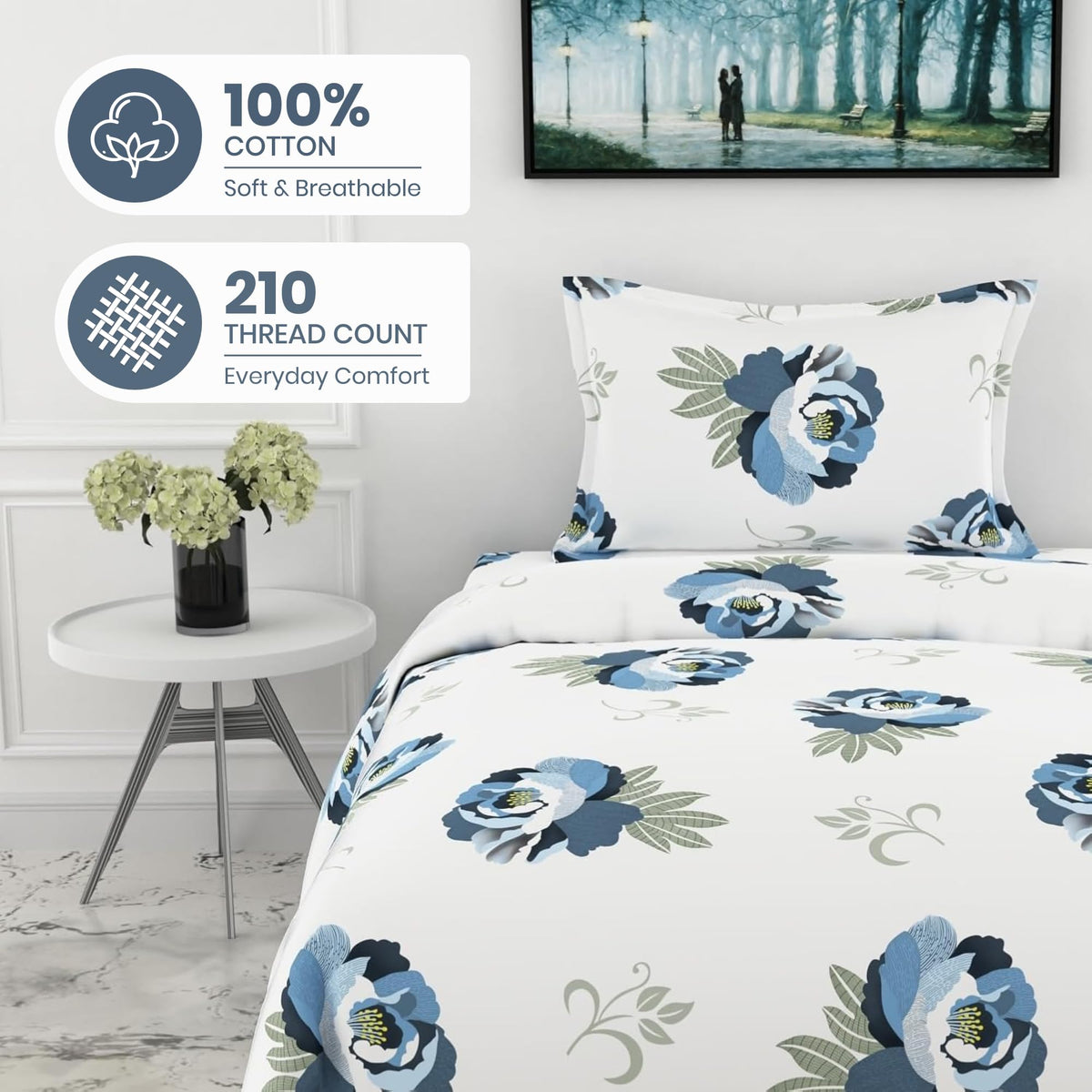 Navy Floral Single Bedsheet - 210 TC 100% Cotton with 1 Pillow Cover (58 x 88 Inches)