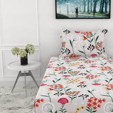 Lavender Grey Spring Harmony Single Bedsheet - 144 TC 100% Cotton with 1 Pillow Cover (54 x 84 Inches)