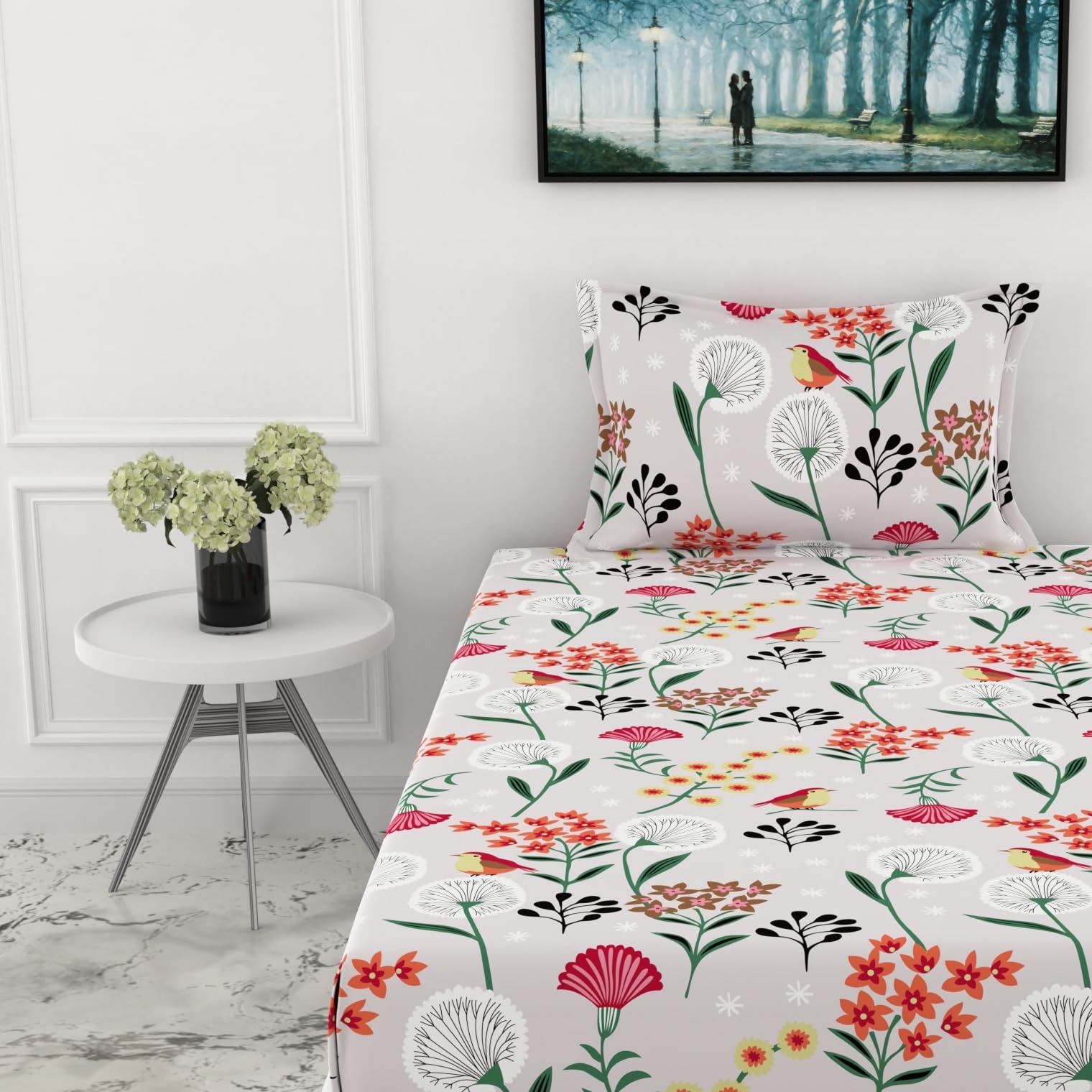 Lavender Grey Spring Harmony Single Bedsheet - 144 TC 100% Cotton with 1 Pillow Cover (54 x 84 Inches)