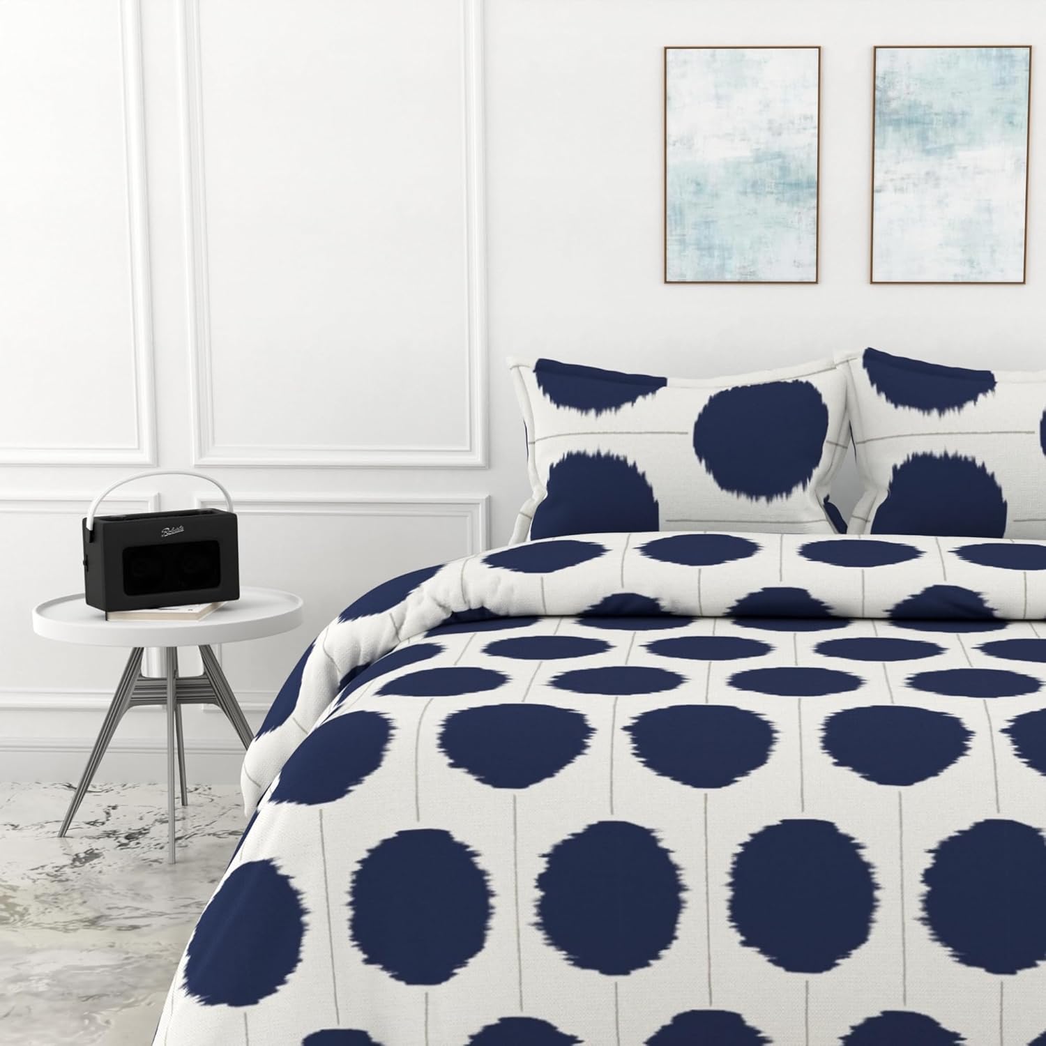 Navy Haze Big Polka Soft & Breathable 100% Cotton Flat King Bedsheet, 144 TC