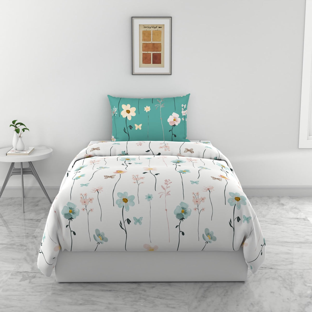Loreto White Teal Floral Vines & Floral Blooms Single Bedsheet | 144 TC | 100% Cotton | 54 x 84 Inches - main product image