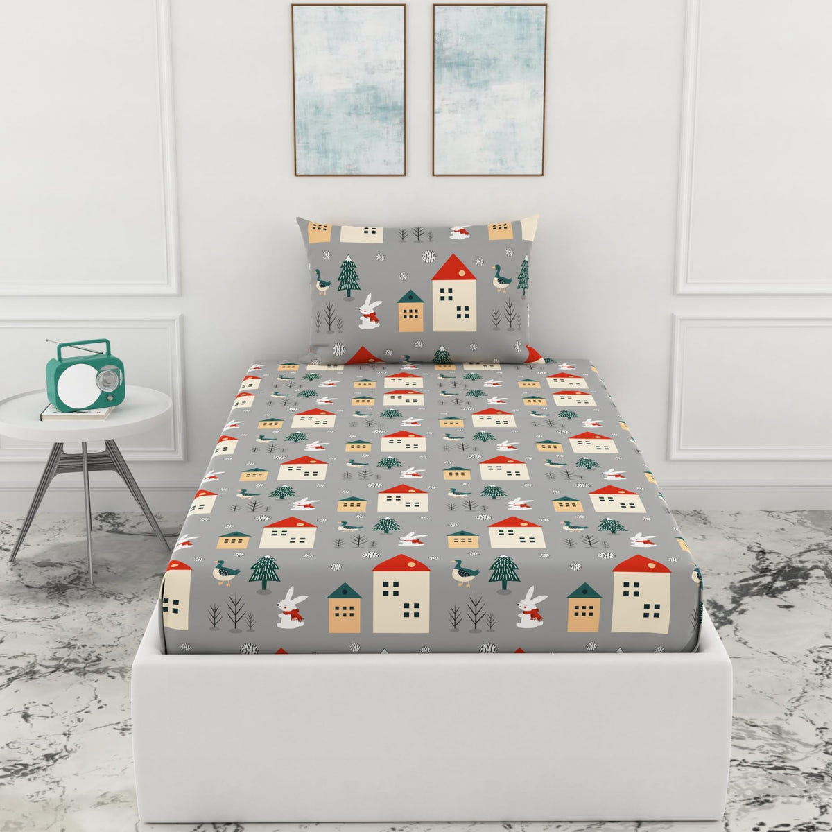 Loreto Grey Bunny Single Fitted Bedsheet | 186 TC | 100% Cotton | Fits 78 x 36 Inches | 8 Inch Pocket - main product image