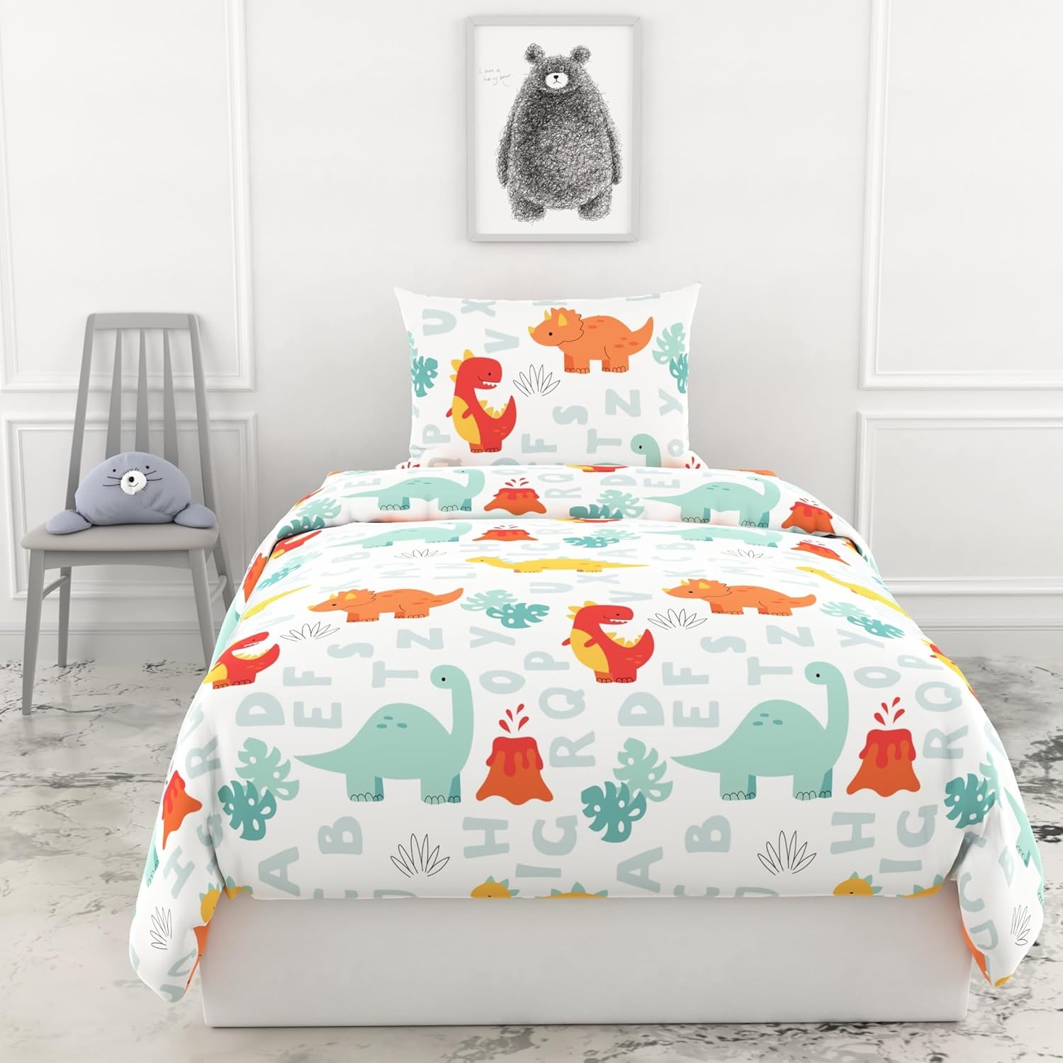 Loreto Cotton Single Bedsheet | Orange & Mint Alphabet Dino Play Soft & Breathable