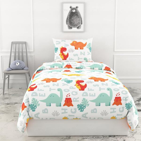 Loreto Cotton Single Bedsheet | Orange & Mint Alphabet Dino Play Soft & Breathable