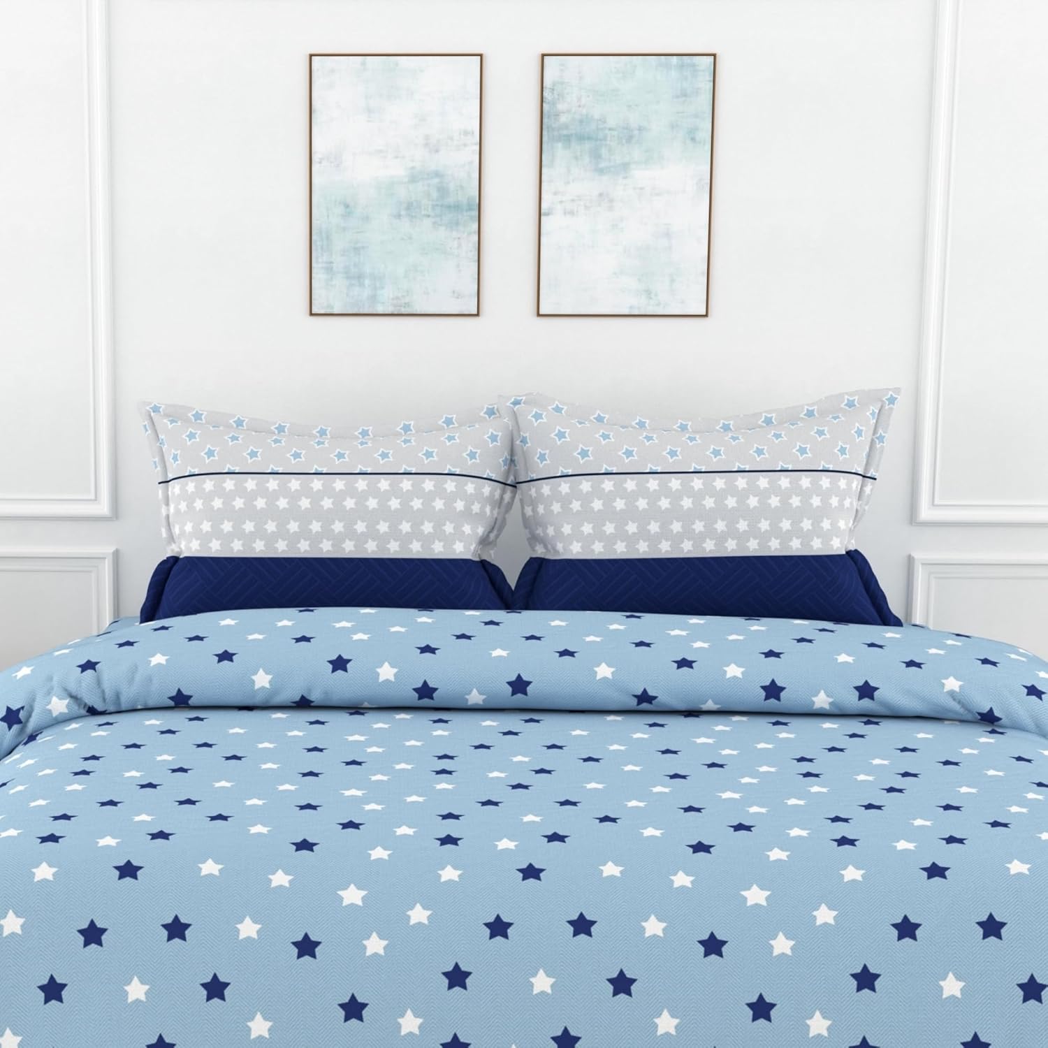 Nile Blue Stars 100% Cotton Flat Double Bedsheet, 144 TC