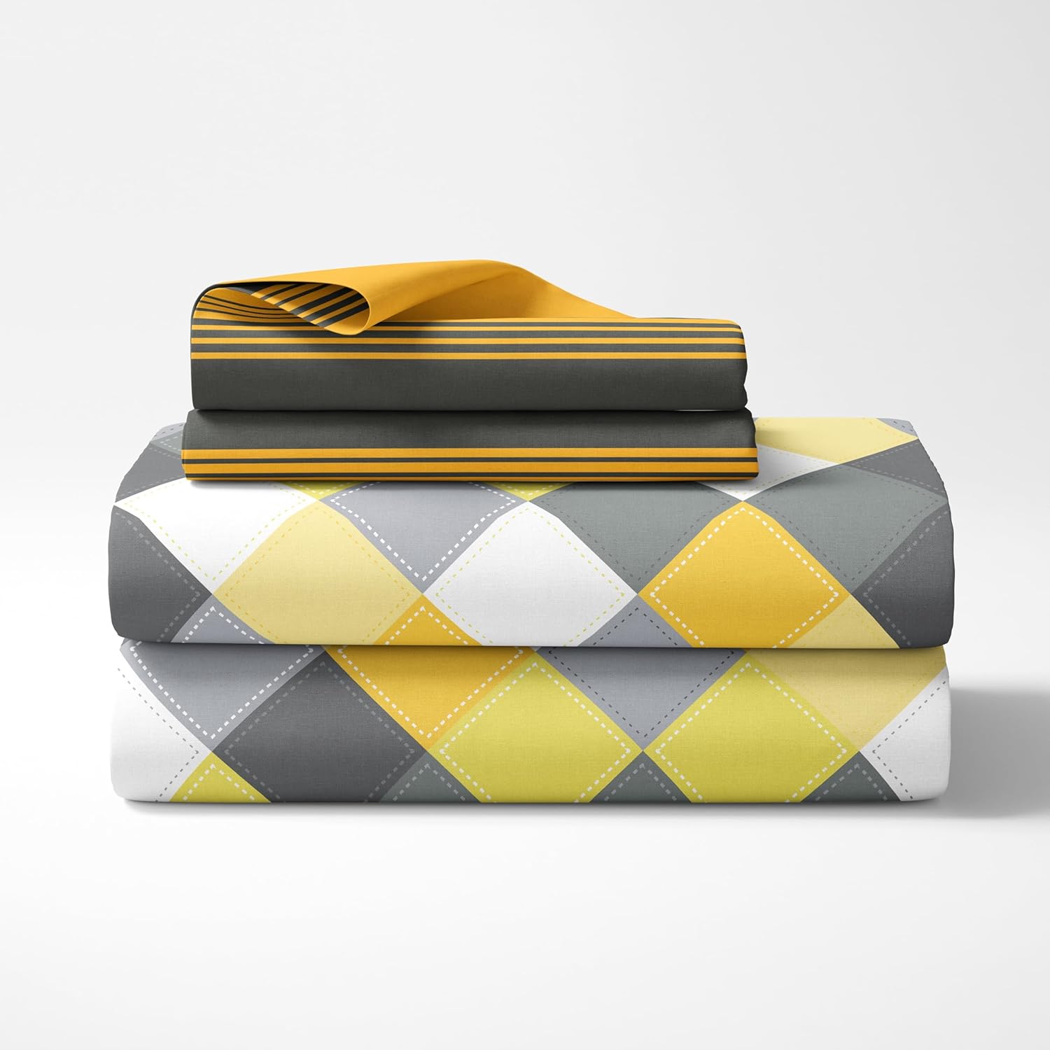Yellow & Grey Checkered 100% Cotton Flat Single Bedsheet, 144 TC