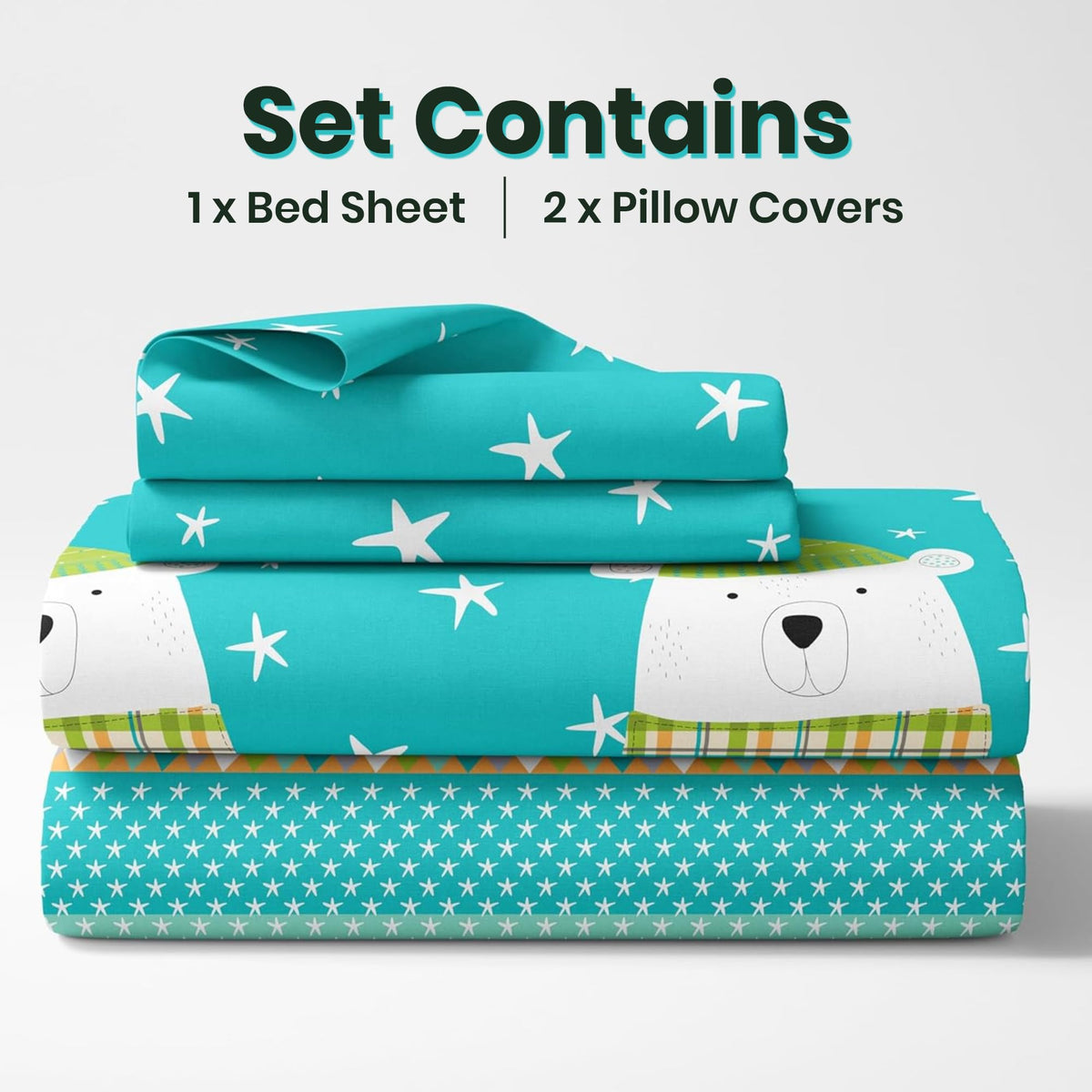 Teal Bear 186 TC Cotton King Size Bedsheet with 2 Pillow Covers - Soft, Durable & Gift-Ready (108 x 108 Inches)