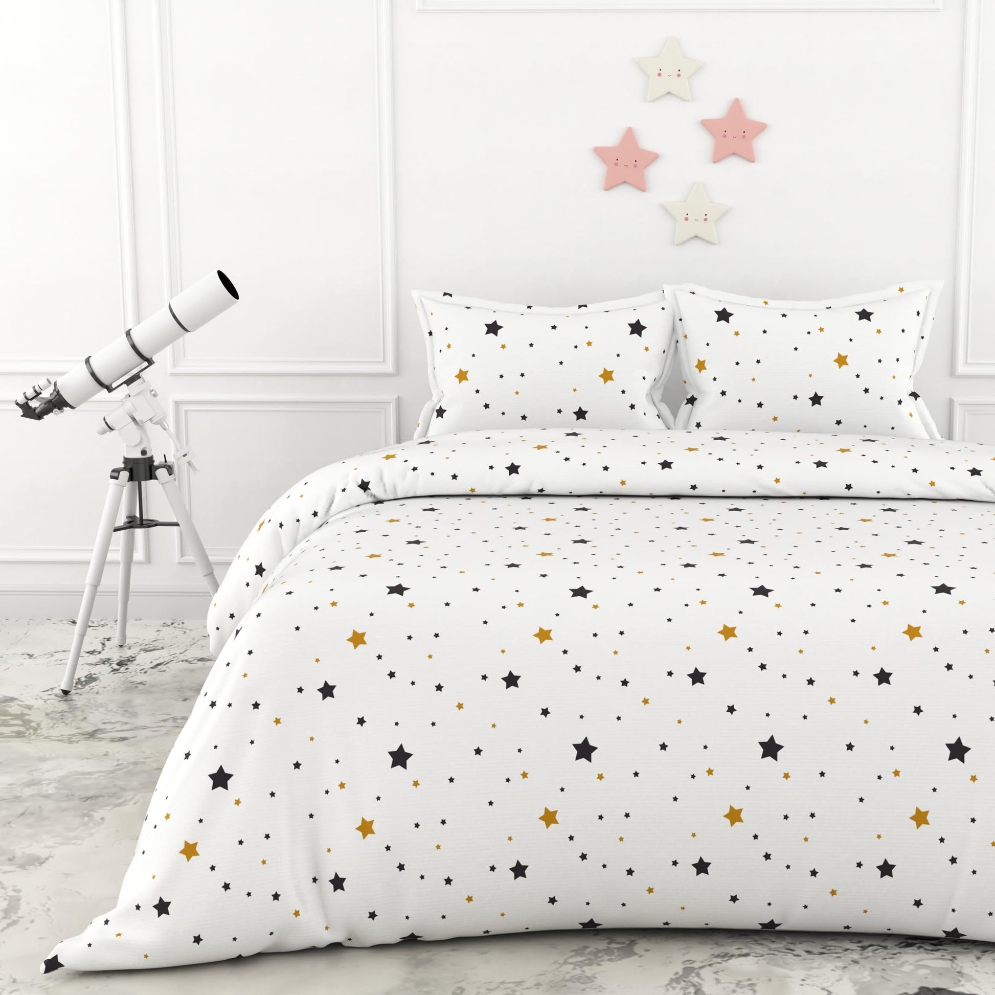 Black & Gold Stars Double Bedsheet - 210 TC 100% Cotton with 2 Pillow Covers (90 x 90 Inches)