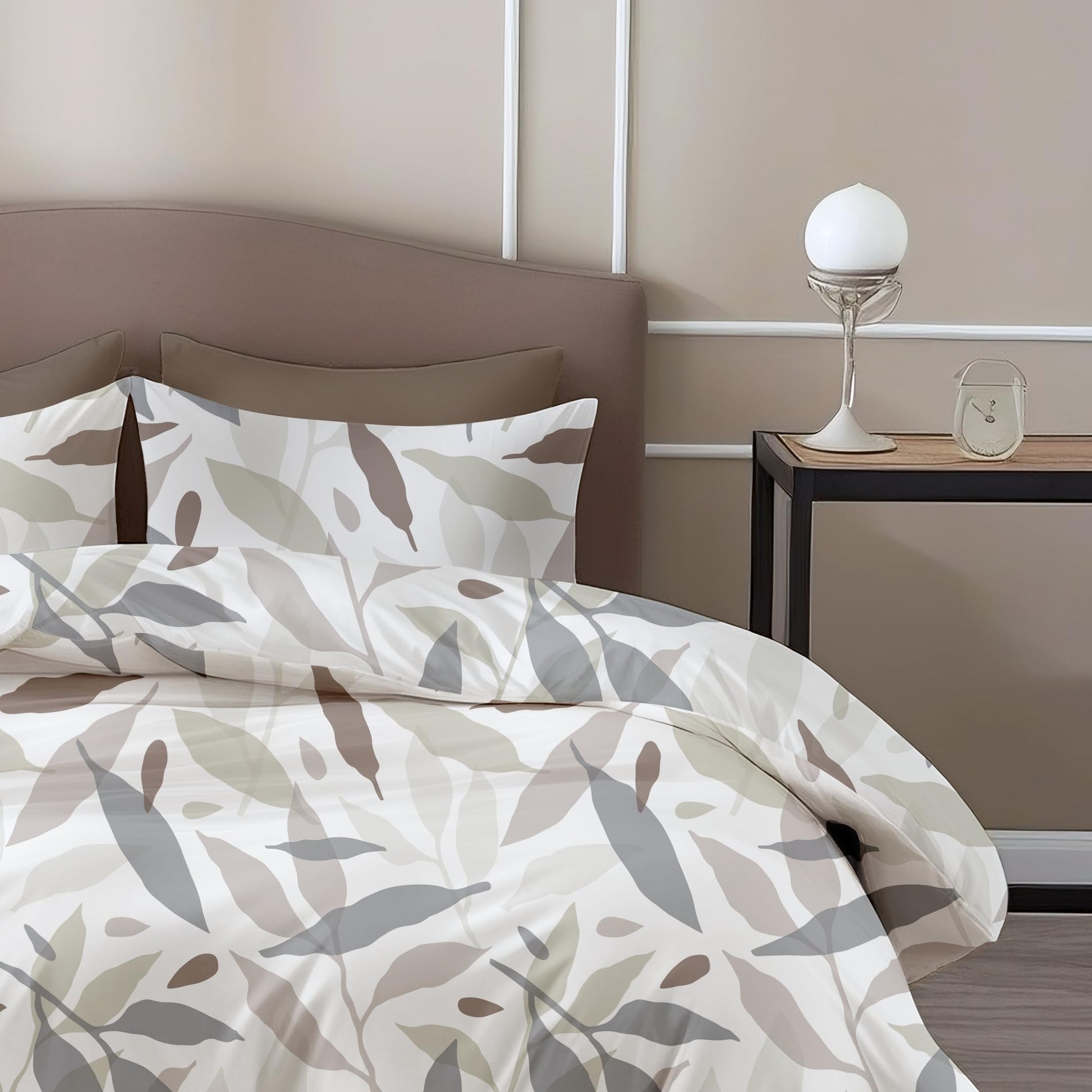 Grey Leaf Double Bedsheet - 210 TC 100% Cotton with 2 Pillow Covers (90 x 90 Inches)
