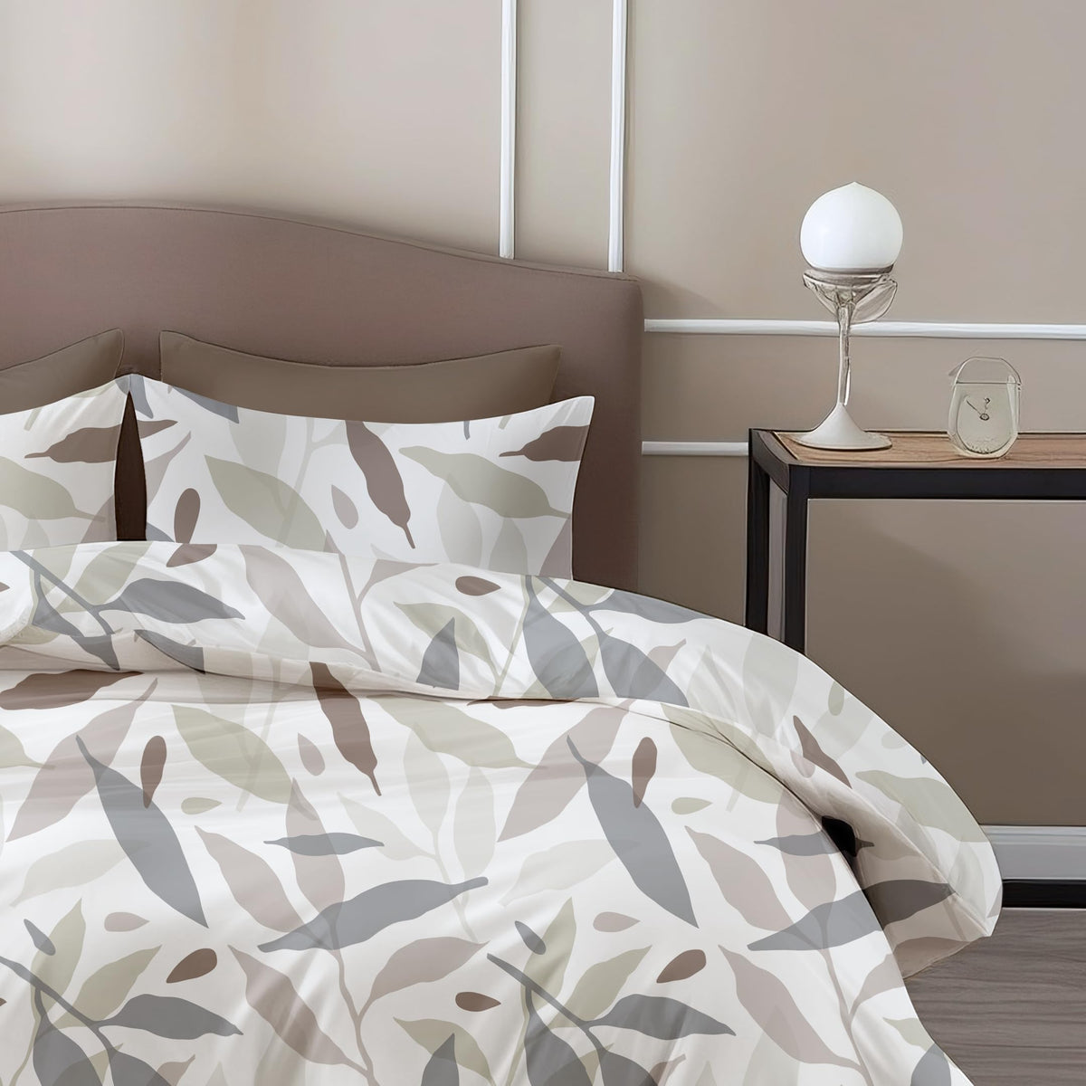 Grey Leaf Double Bedsheet - 210 TC 100% Cotton with 2 Pillow Covers (90 x 90 Inches)