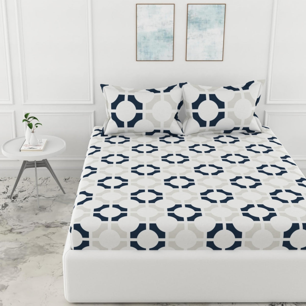 Loreto Colonial Blue Matrix Double Fitted Bedsheet | 144 TC | 100% Cotton | Fits 72 x 60 Inches | 8 Inch Pocket - main product image