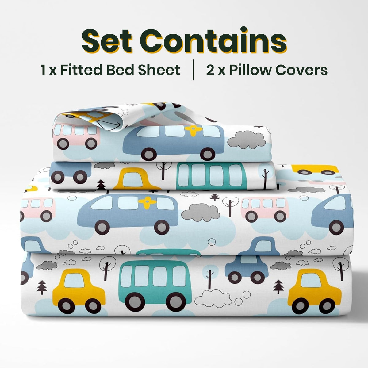 Blue Bus & Banana Yellow Cars 100% Cotton Double Fitted Bedsheet, 144 TC, 72 x 60 Inches