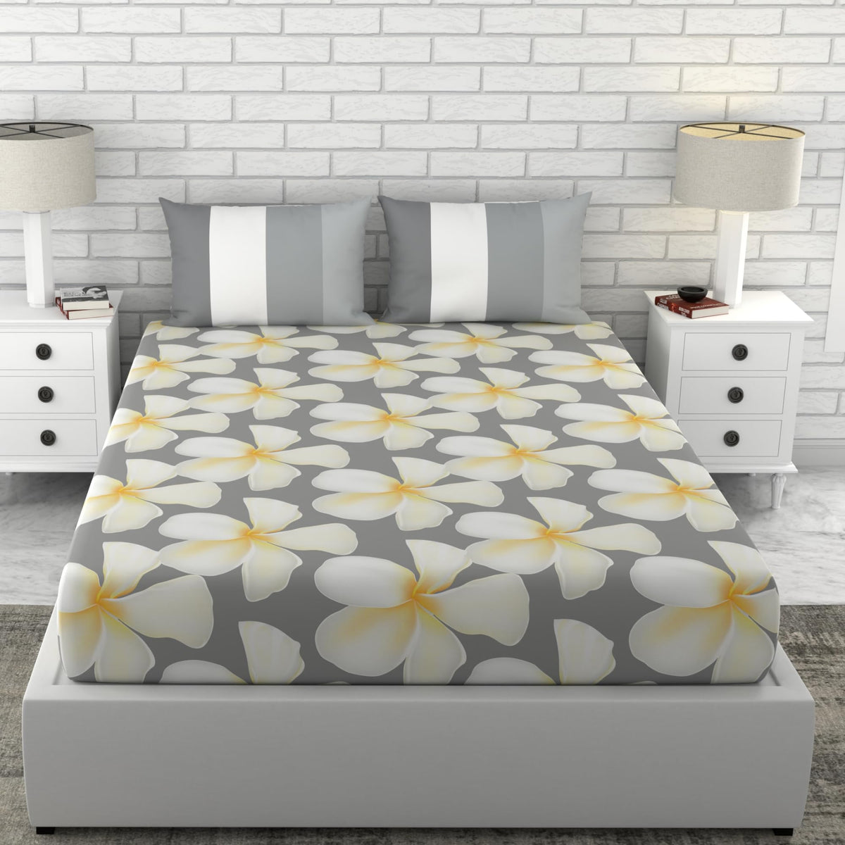 Loreto Storm Grey & Celery White Flower King Fitted Bedsheet | 100% Cotton | Fits 72 x 72 Inches | 8 Inch Pocket - main product image