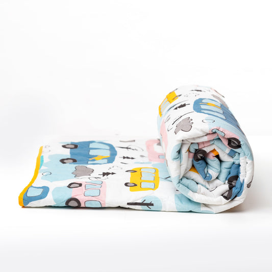 Loreto Cotton Single Comforter | Bubblegum Blue & Bus Yellow Cars