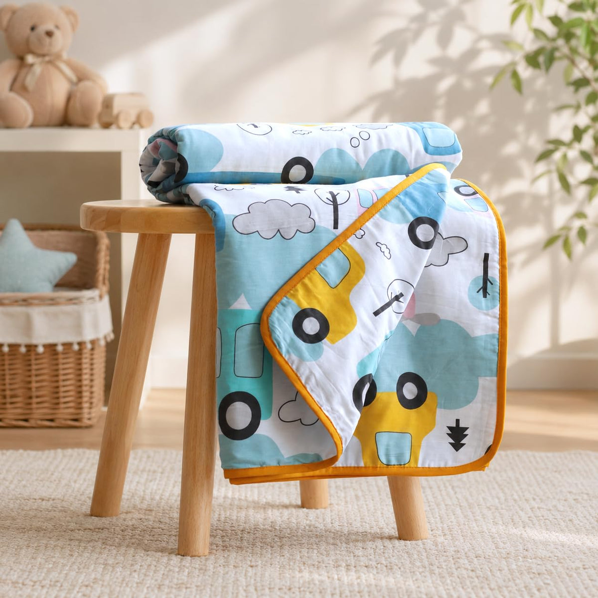 Loreto Baby Bus Blue bird Double Cotton Dohar | Lightweight AC Blanket | 88 x 88 Inches - main product image