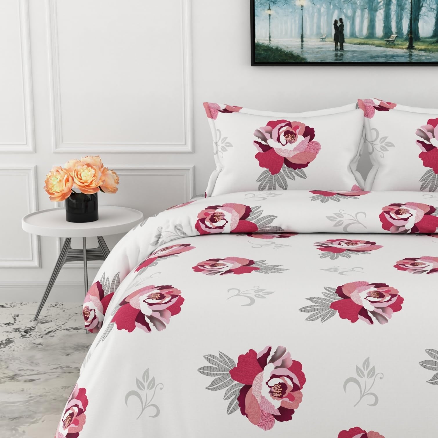 Wine & Pink Floral Double Bedsheet - 210 TC 100% Cotton with 2 Pillow Covers (90 x 90 Inches)