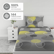 Grey & Yellow Geometric 144 TC Cotton Fitted Single Bed Sheet with 1 Pillow Cover - Soft, Breathable & All-Around Elastic (78 x 36 Inches)