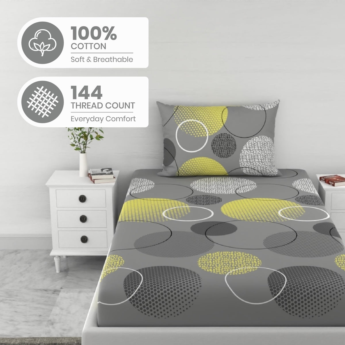 Grey & Yellow Geometric 144 TC Cotton Fitted Single Bed Sheet with 1 Pillow Cover - Soft, Breathable & All-Around Elastic (78 x 36 Inches)