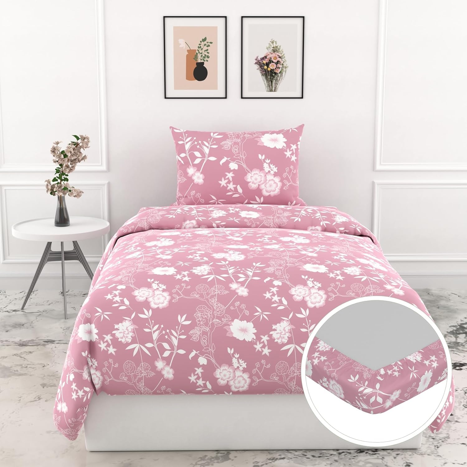 Blush Pink Vine Blooms 144 TC 100% Cotton Elastic Fitted Single Bedsheet with 1 Pillow Cover - 72 x 36 Inches