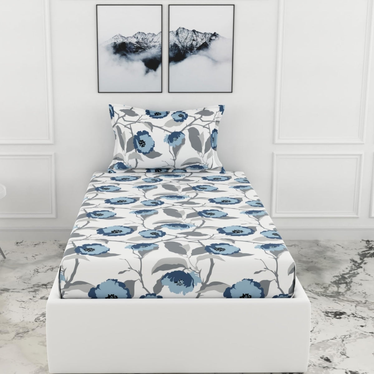 Loreto Blue & Grey Bloom Harmony Single Fitted Bedsheet | 186 TC | 100% Cotton | Fits 78 x 36 Inches | 8 Inch Pocket - main product image