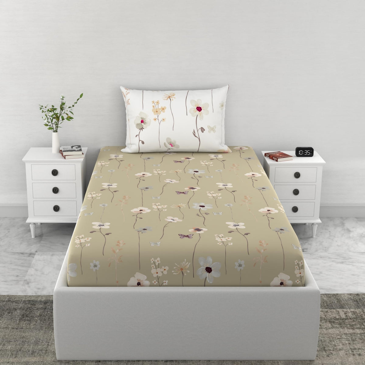 Loreto Khaki Floral Blooms & Floral Vines Single Fitted Bedsheet | 144 TC | 100% Cotton | Fits 78 x 36 Inches | 8 Inch Pocket - main product image