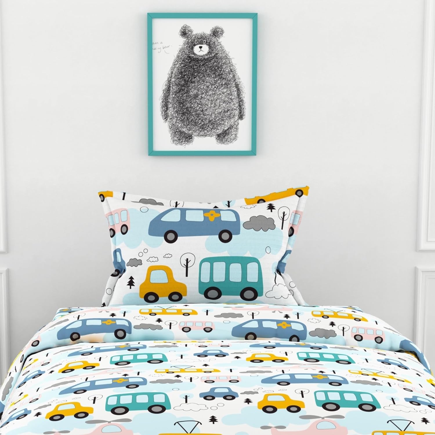 Bubblegum Blue Bus & Banana Yellow Cars 100% Cotton Flat Single Bedsheet, 144 TC