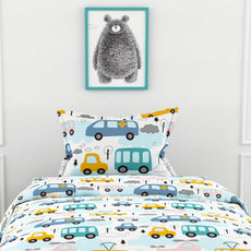 Bubblegum Blue Bus & Banana Yellow Cars 100% Cotton Flat Single Bedsheet, 144 TC