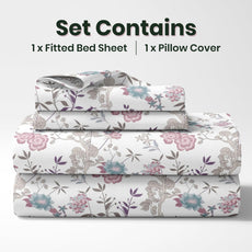 Pink & Teal Floral 144 TC 100% Cotton Elastic Fitted Single Bedsheet with 1 Pillow Cover - 78 x 36 Inches
