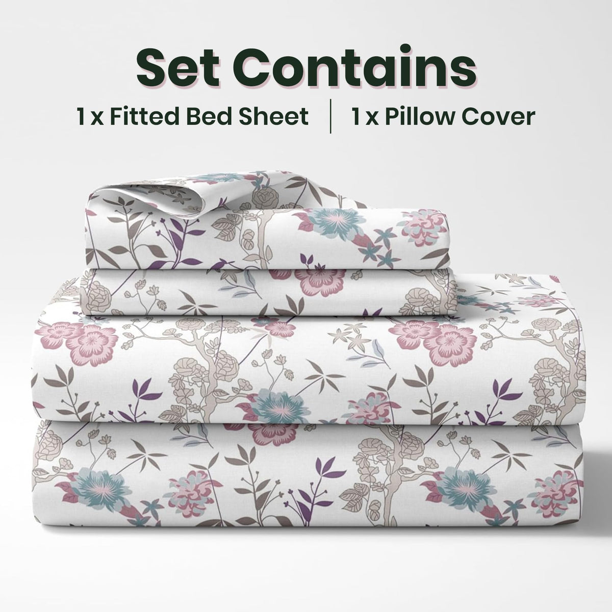 Pink & Teal Floral 144 TC 100% Cotton Elastic Fitted Single Bedsheet with 1 Pillow Cover - 78 x 36 Inches