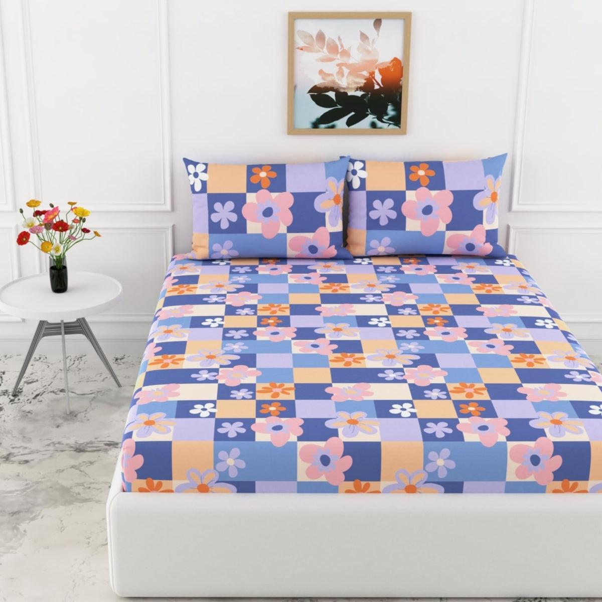 Loreto Pastel Floral Checkered Double Fitted Bedsheet | 144 TC | 100% Cotton | Fits 72 x 60 Inches | 8 Inch Pocket - main product image