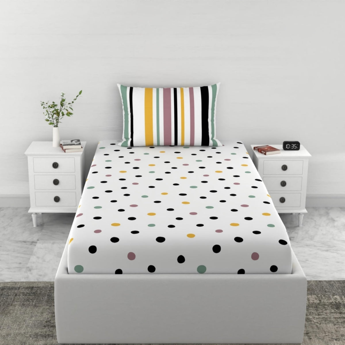 Loreto Cotton Single Pillow Cover | Lemon Drops with Black Polka Dots 144 TC Cotton Bed Sheet with 1 - Soft, Breathable & All-Around Elastic (72 x 36 Inches)