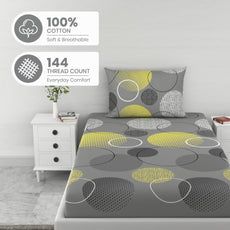 Lemon Yellow and Grey 100% Cotton Flat Single Bedsheet, 144 TC