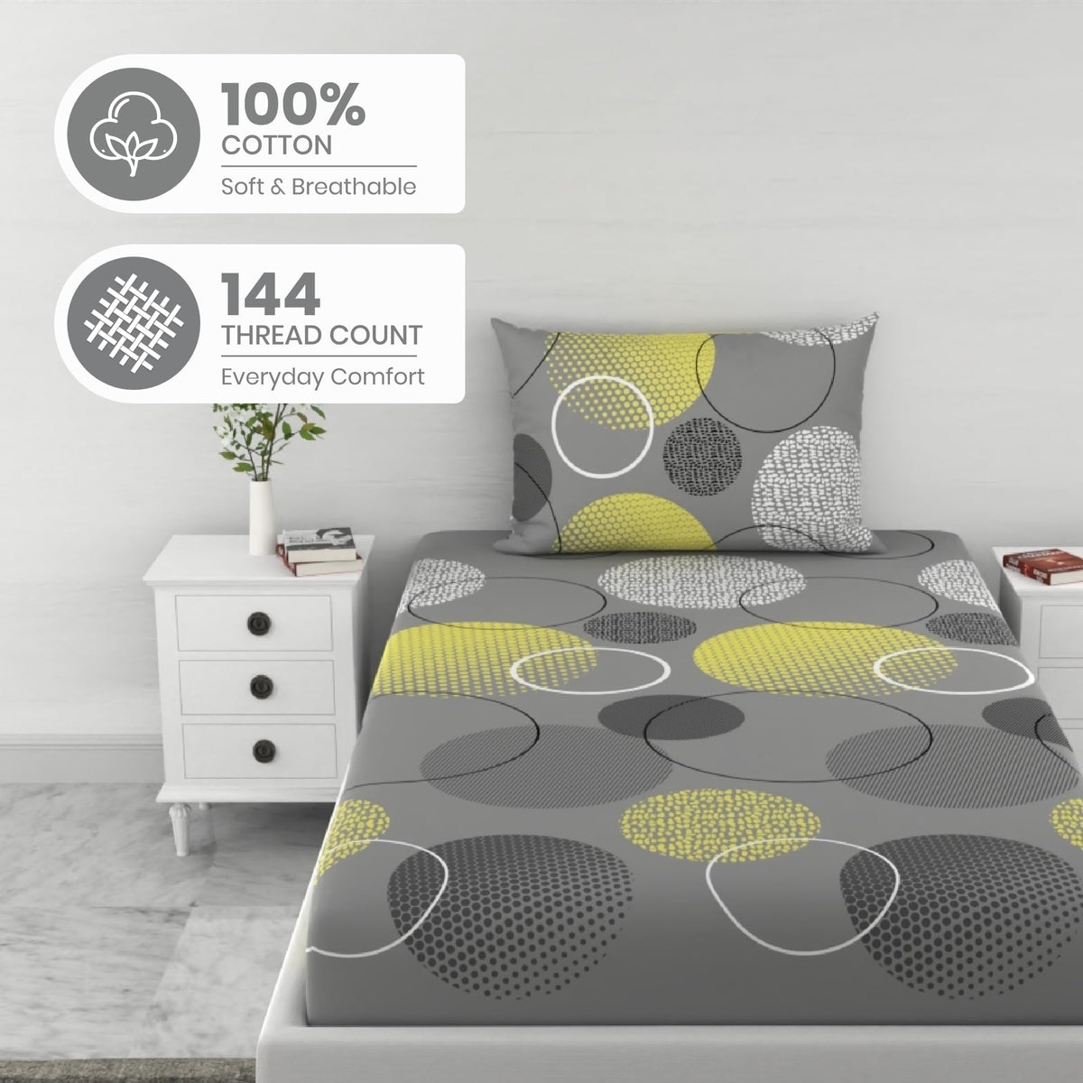 Lemon Yellow and Grey 100% Cotton Flat Single Bedsheet, 144 TC