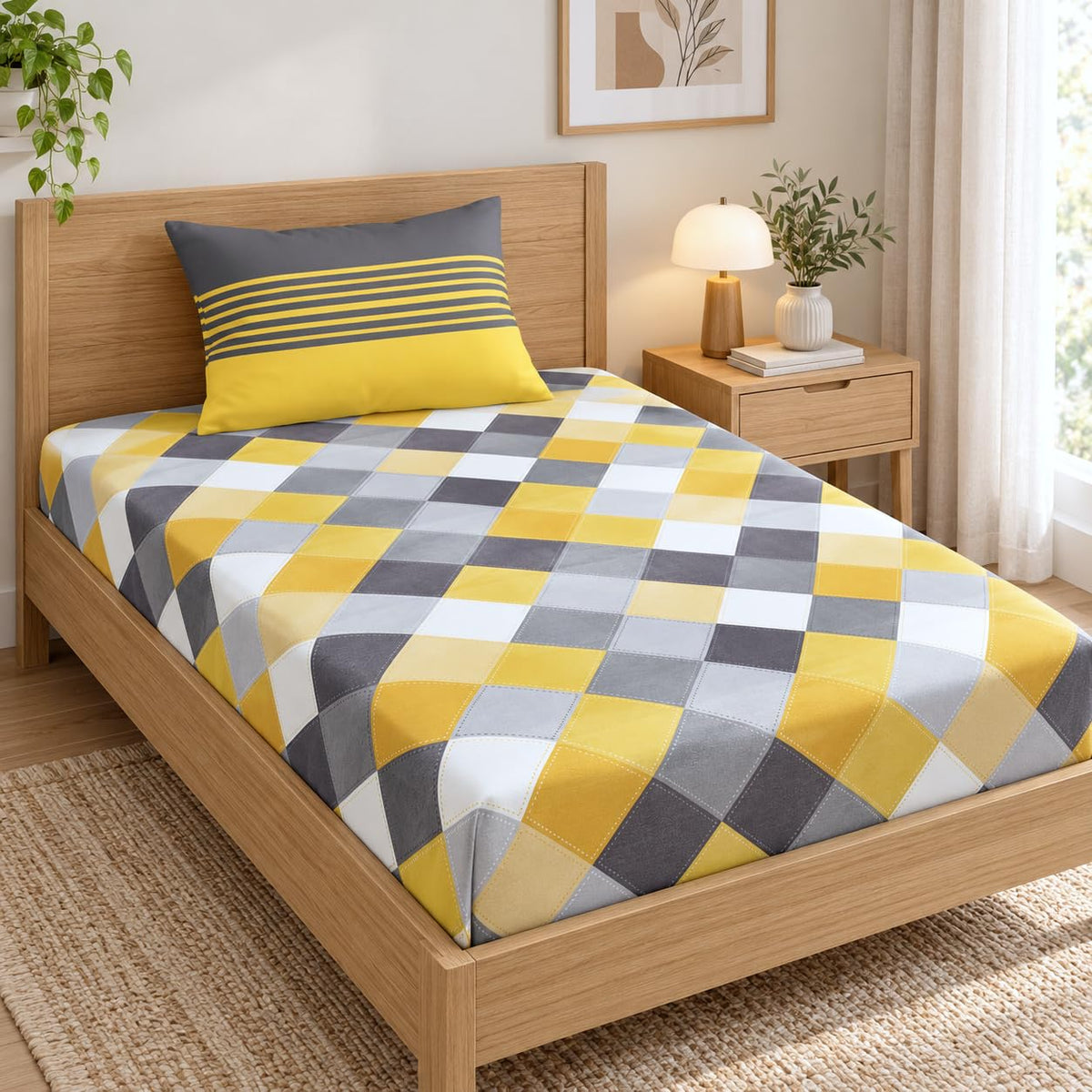 Loreto Cotton Single Fitted Bedsheet | Yellow & Grey Checkered