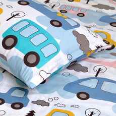 Blue Bus & Banana Yellow Cars 100% Cotton Double Fitted Bedsheet, 144 TC, 72 x 60 Inches