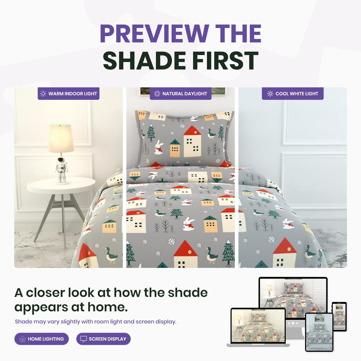 Grey Bunny 100% Cotton Bedsheet for Single Bed | 186 TC Percale Weave Soft & Durable Flat Sheet with Pillow Cover | 58 x 88 Inches