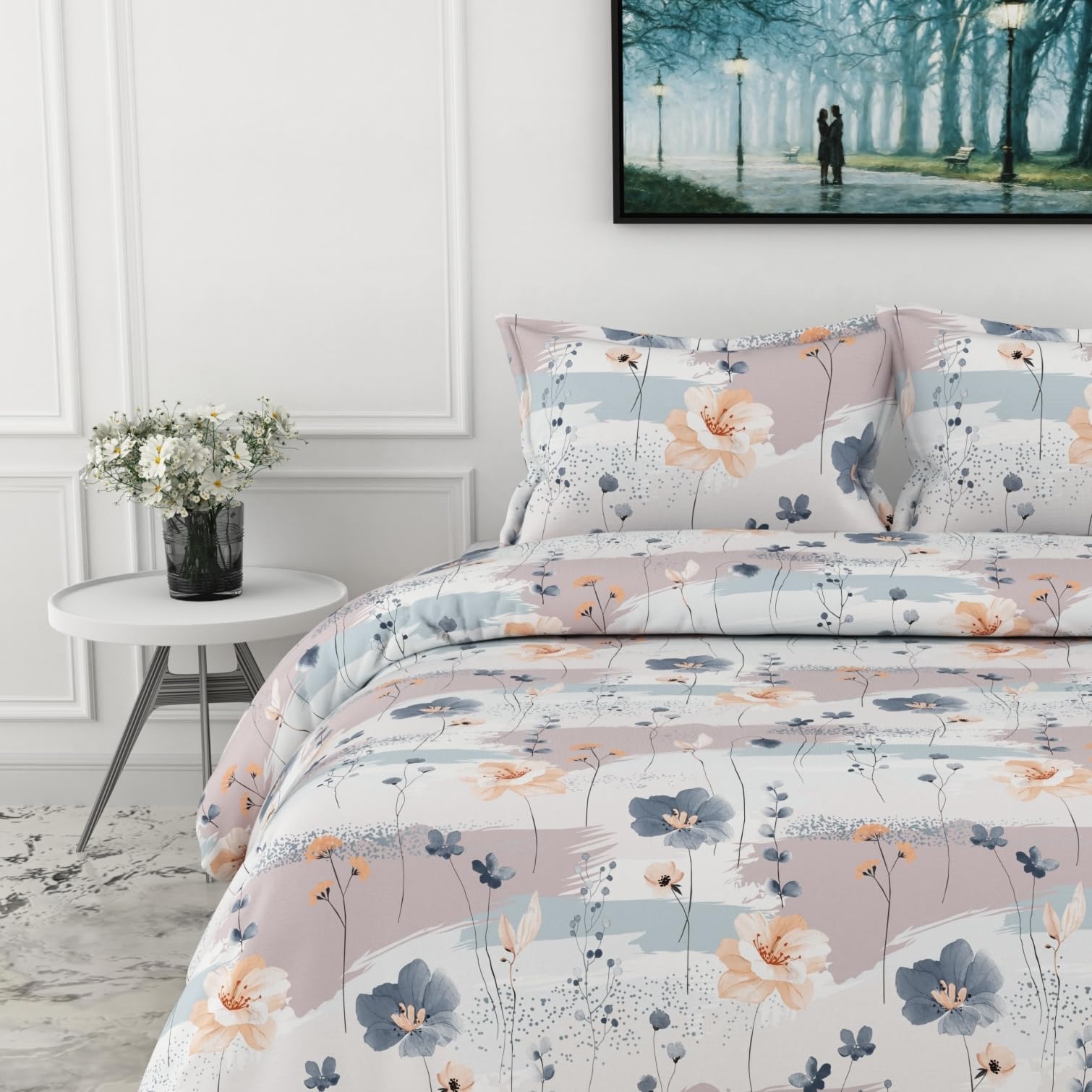 Blue & Peach Double Bedsheet - 210 TC 100% Cotton with 2 Pillow Covers (90 x 90 Inches)