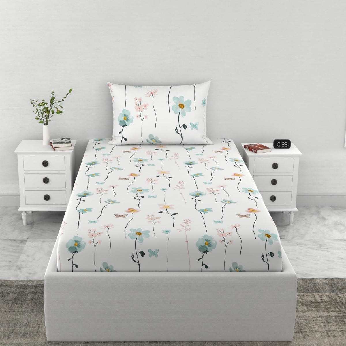 Loreto White Teal Floral Vines Single Fitted Bedsheet | 144 TC | 100% Cotton | Fits 72 x 36 Inches | 8 Inch Pocket - main product image