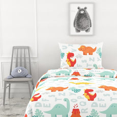 Orange & Mint Alphabet Dino Play Soft & Breathable 100% Cotton Flat Single Bedsheet, 144 TC