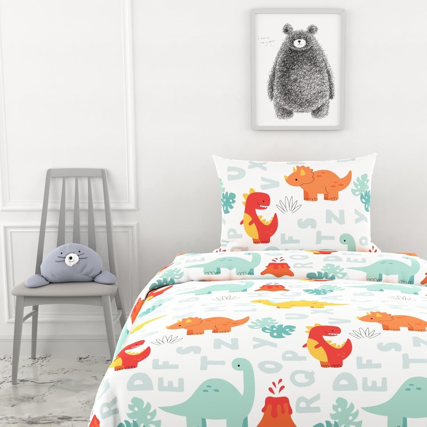 Orange & Mint Alphabet Dino Play Soft & Breathable 100% Cotton Flat Single Bedsheet, 144 TC