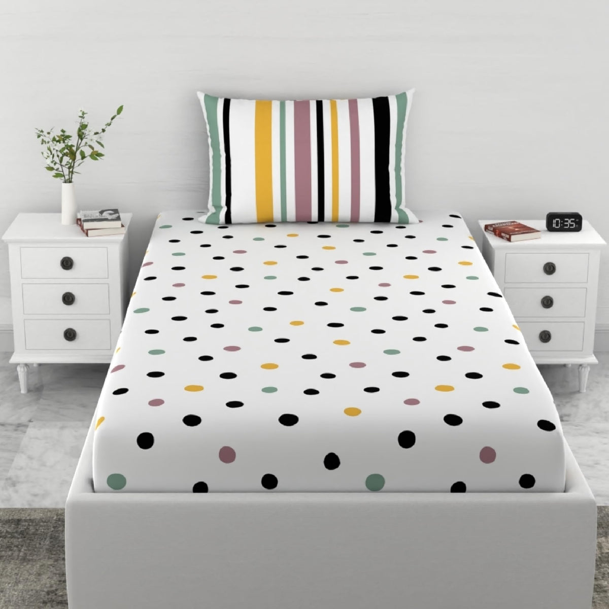 Loreto Cotton Single Bedsheet | Lemon Drops with Black Dots