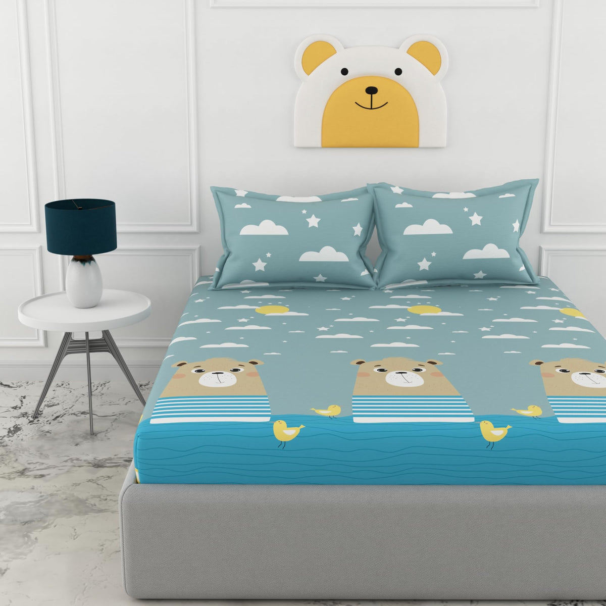 Loreto Aqua Blue Bear & Duck King Fitted Bedsheet | 186 TC | 100% Cotton | Fits 78 x 72 Inches | 8 Inch Pocket - main product image
