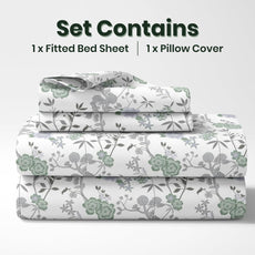Green & Silver Blooms 144 TC 100% Cotton Elastic Fitted Single Bedsheet with 1 Pillow Cover - 78 x 36 Inches