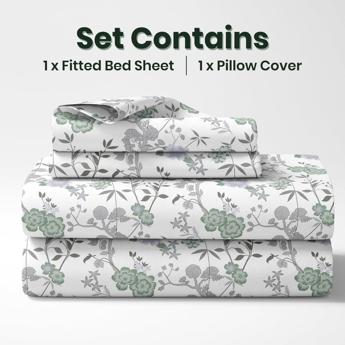 Green & Silver Blooms 144 TC 100% Cotton Elastic Fitted Single Bedsheet with 1 Pillow Cover - 78 x 36 Inches