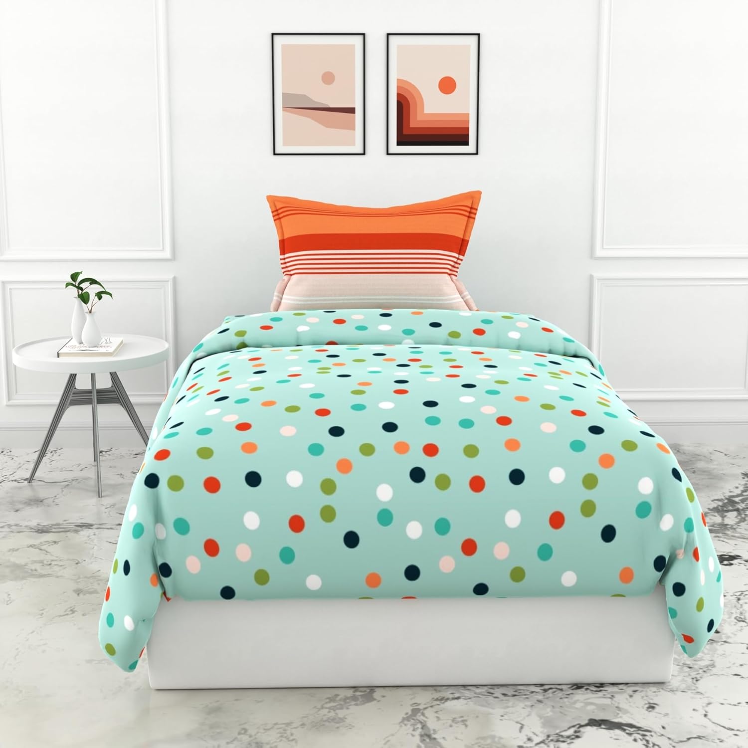 Loreto Cotton Single Bedsheet | Sea Green and Red Polka
