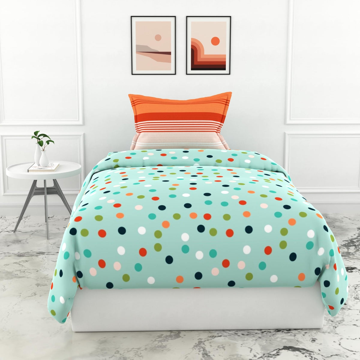 Loreto Cotton Single Bedsheet | Sea Green and Red Polka