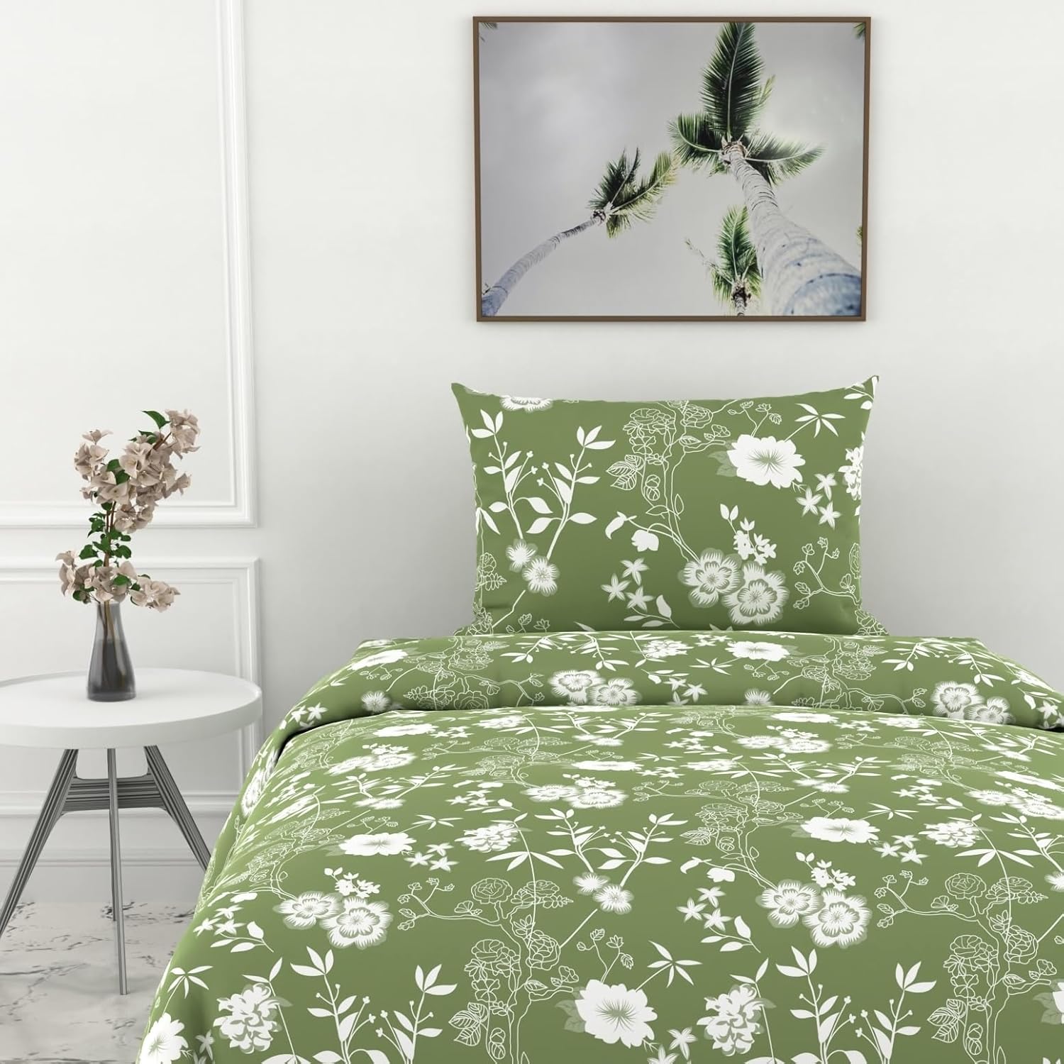 Olive Green Floral Whisper Soft & Breathable 100% Cotton Flat Single Bedsheet, 144 TC