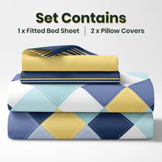 Vivid Blue and Yellow Checkered 100% Cotton King Fitted Bedsheet, 144 TC