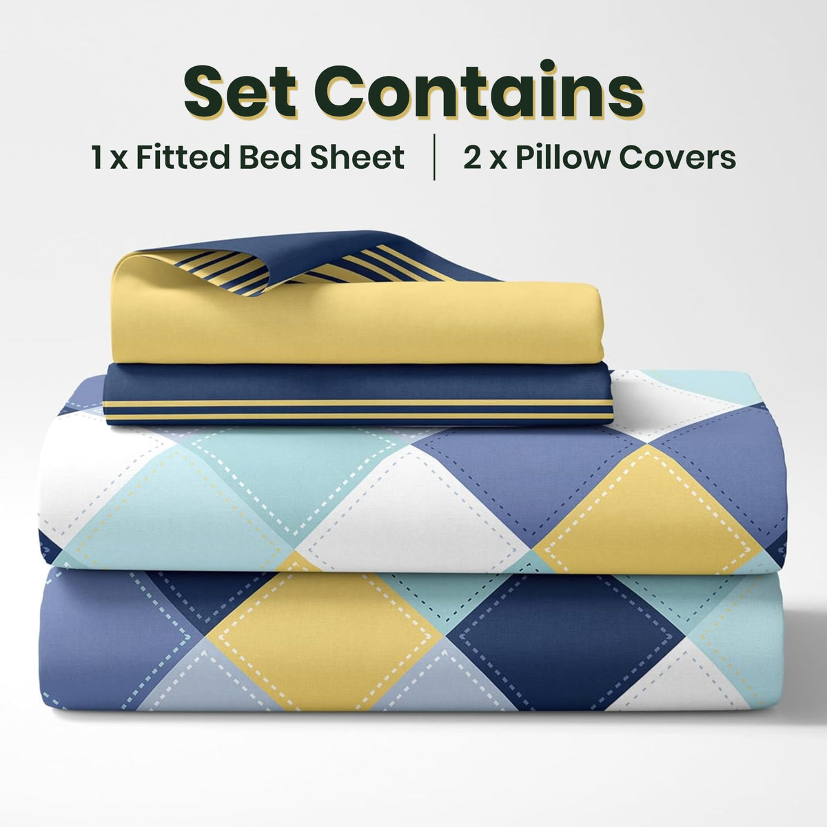 Vivid Blue and Yellow Checkered 100% Cotton King Fitted Bedsheet, 144 TC