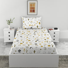 Loreto Cotton Single Fitted Bedsheet | Kids House Drawing Design